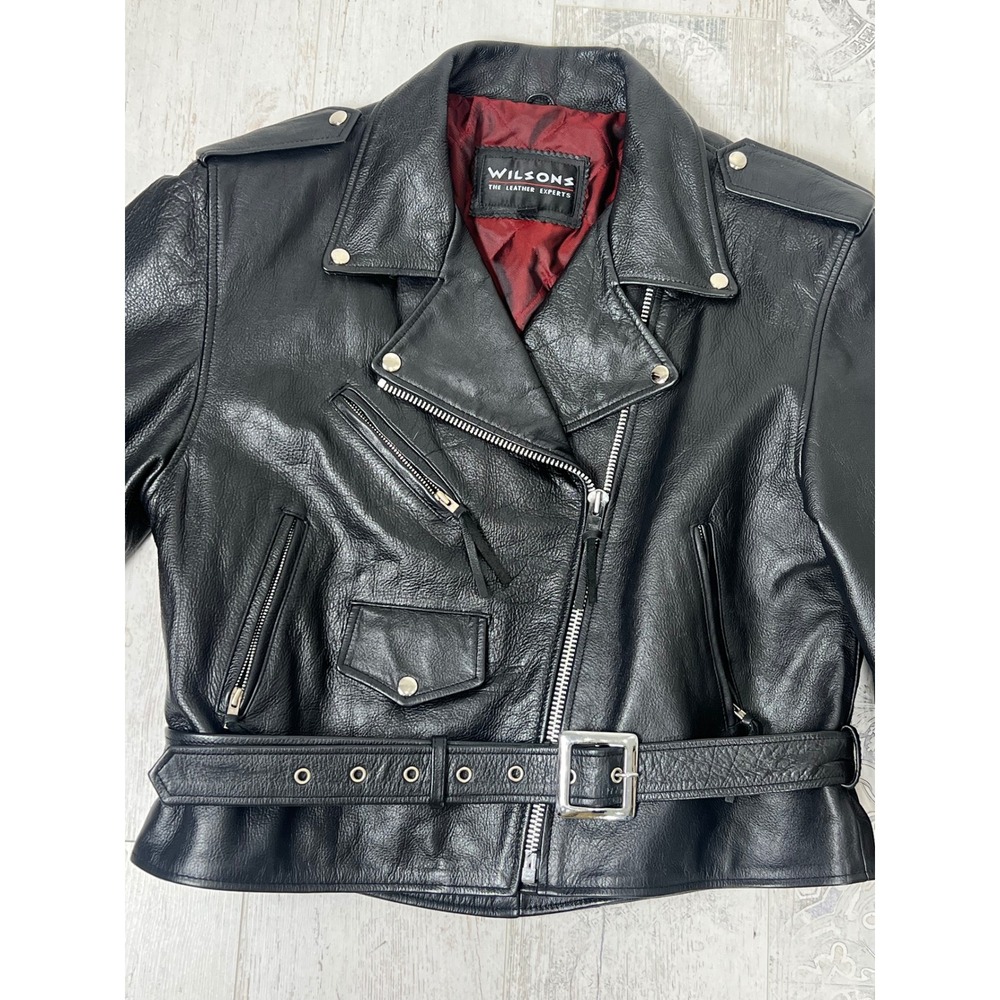 Wilsons Leather Mens Black Vintage Belted Motorcycle Biker Jacket Large Quilted